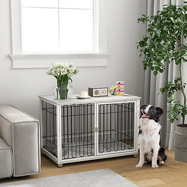 Cage chien avec coussin 90 x 58 x 62 cm - porte verrouillable - effet bois gris clair acier blanc noir