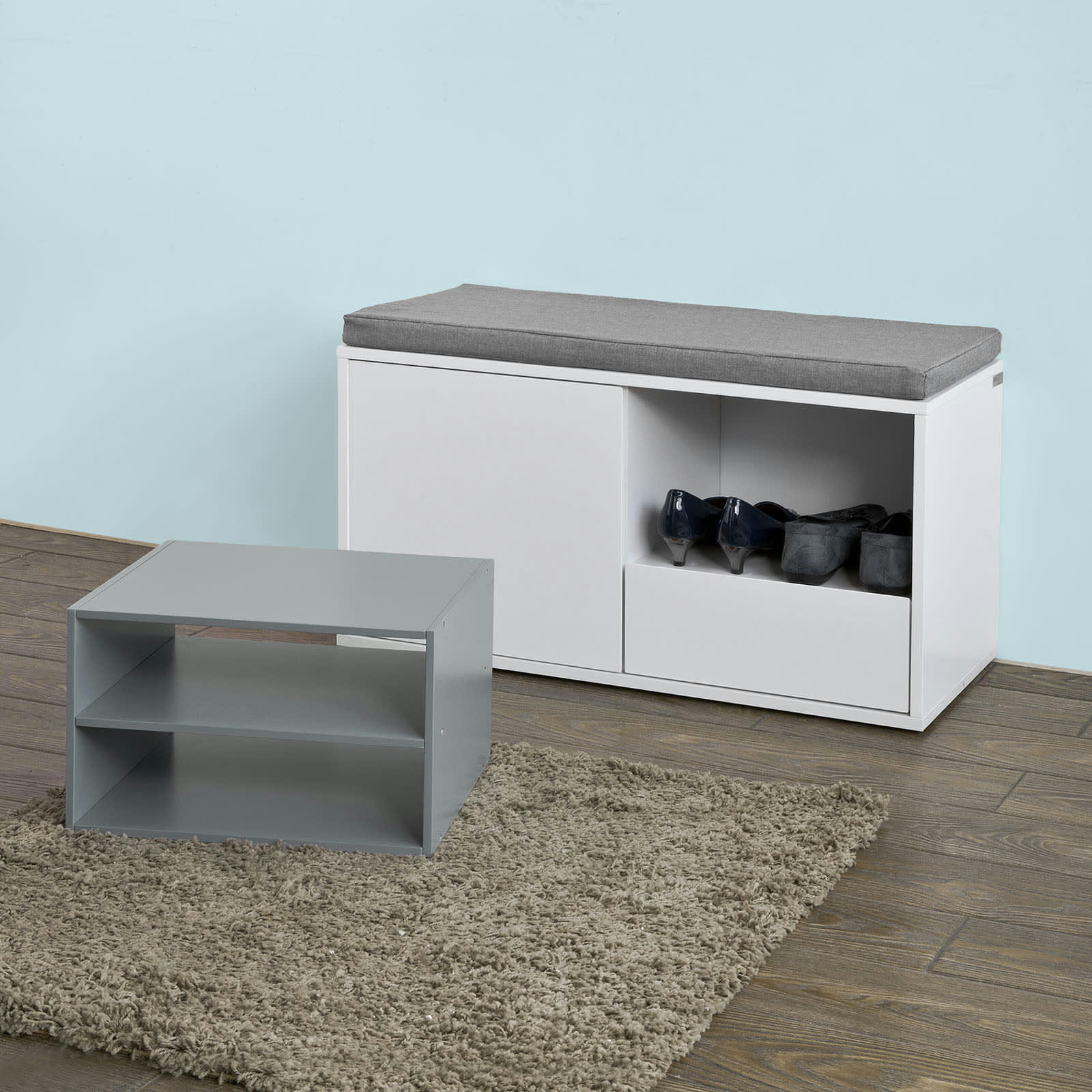 - Banc de rangement à chaussures 1 porte et 1 tiroir effet bois blanc