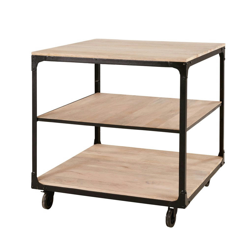Shop Business - Podium à roulettes industriel en bois de manguier et métal noir