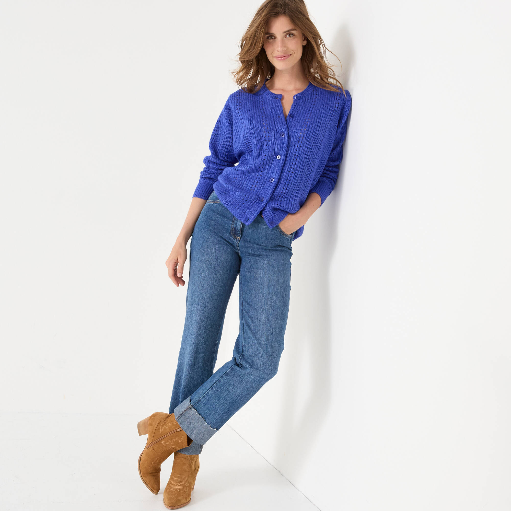 Cardigan boutonné maille fantaisie, toucher doux