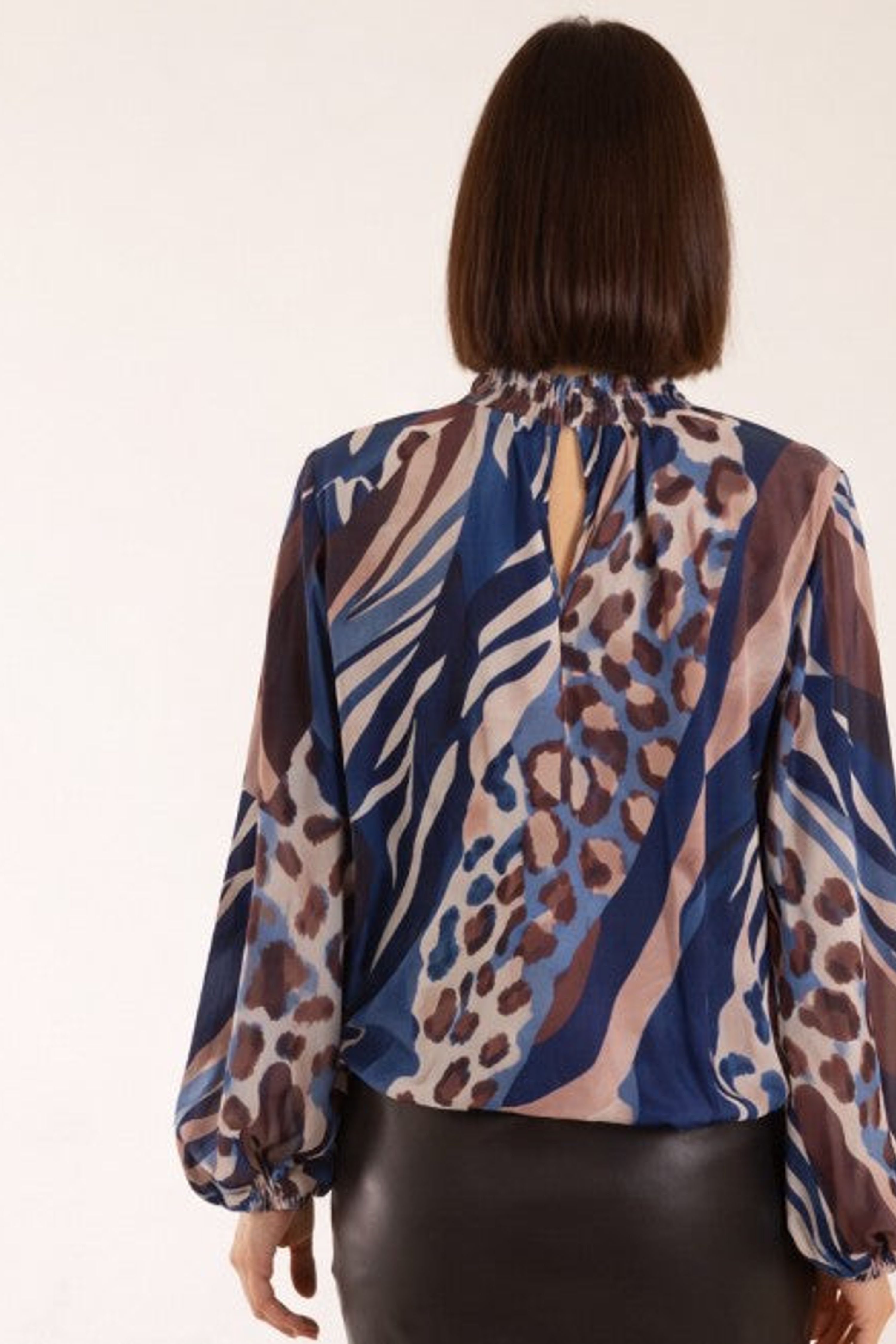 Blue Vanilla Navy High Neck Puffball Printed Top
