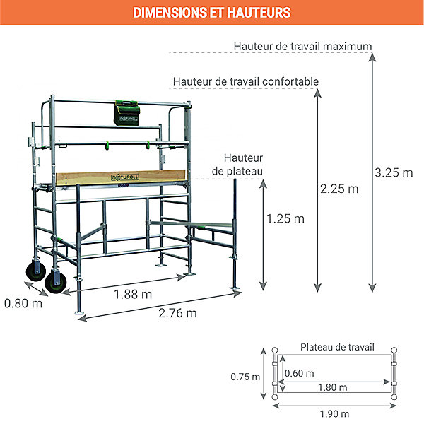 Echafaudage paysagiste - Hauteur de travail max. 3.25m - Longueur plateau 1,90m - 19.062