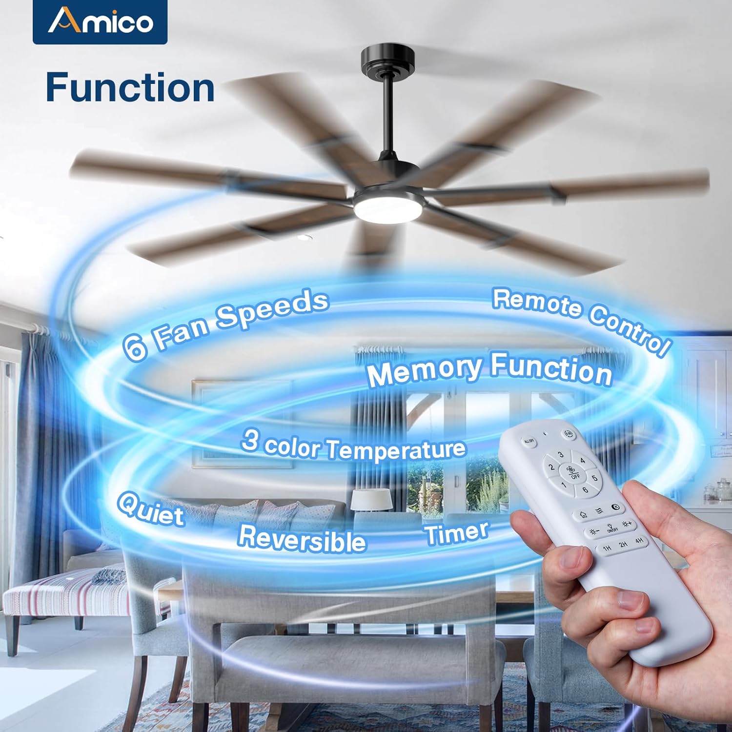 Amico Ceiling Fans with Lights,66 inch Walnut Ceiling fan with Light and Remote, 6 Speed Reversible DC Motor, 3CCT, Dimmable, Quiet, Timer, Outdoor Ceiling Fans for Patios, Indoor/Outdoor