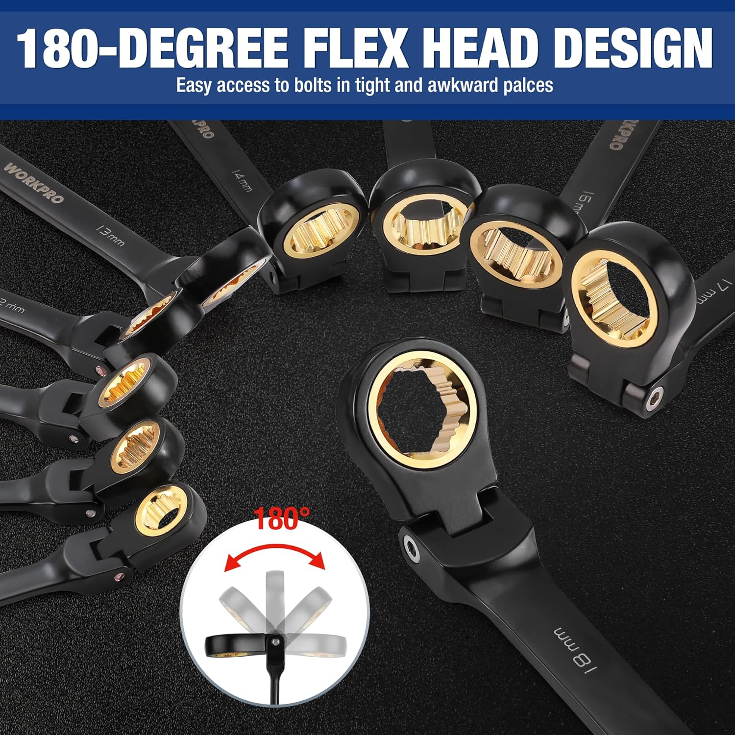 WORKPRO 22-piece Ratcheting Wrench Set with 180° Flex Head, Anti-Slip Tooth, Combination Wrench Sets with Organizer Box, Metric 6-18mm & SAE 1/4-3/4, Black Electrophoretic Coating