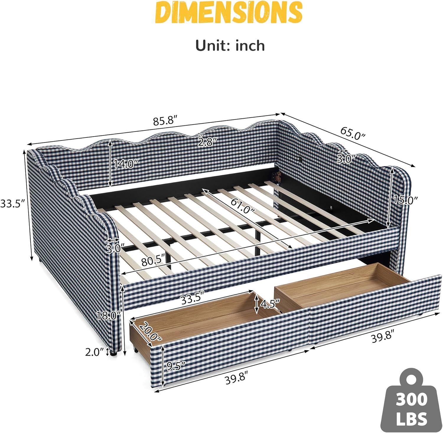 DEINPPA Queen Size Upholstered Daybed with 2 Storage Drawers, Gingham Daybed with USB Ports for Bedroom Living Room Guest Room-Navy