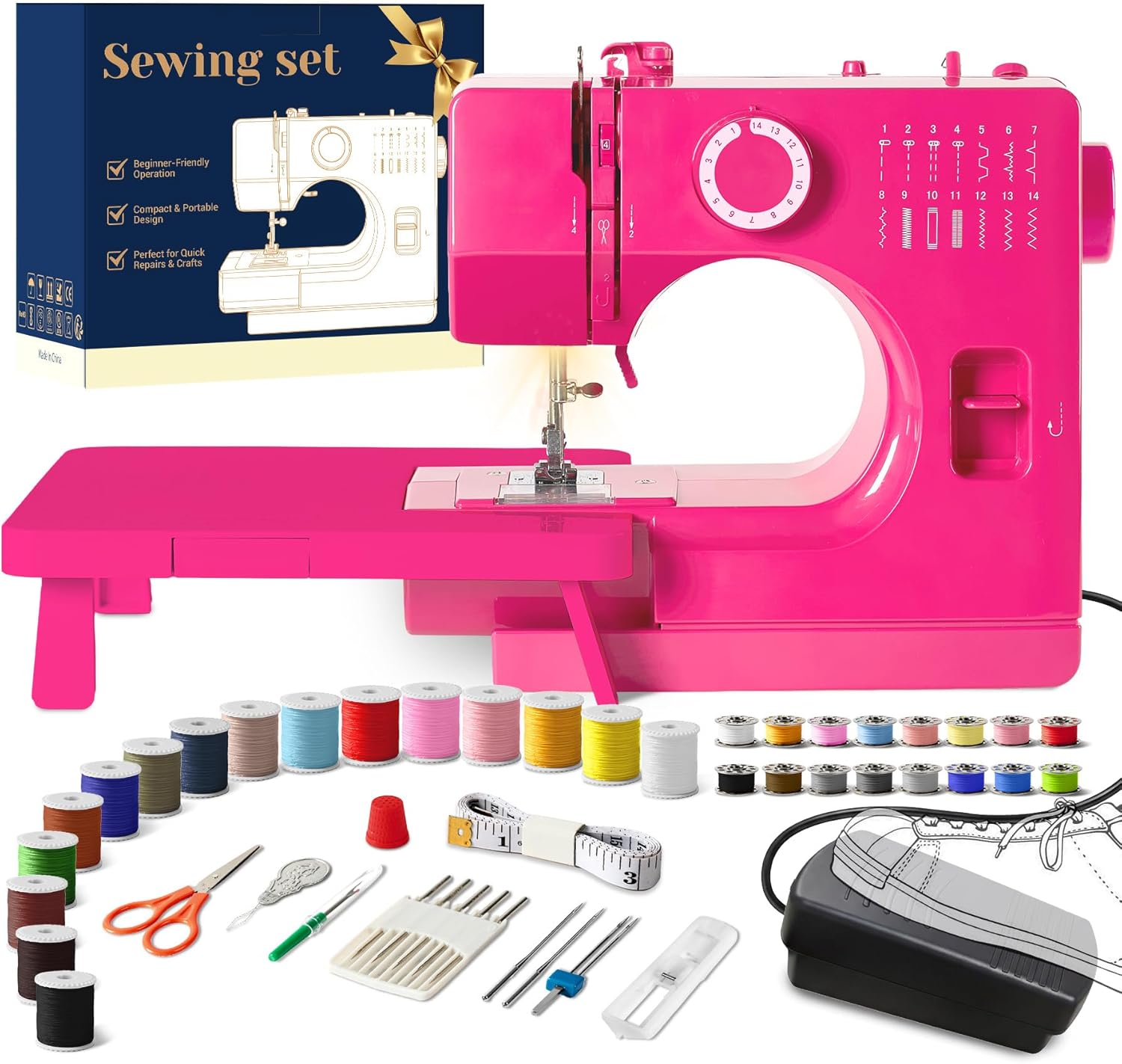 Portable Mini Sewing Machine for Beginners, 14 Stitches, Easy Dial Control, LED Light & Extension Table, Compact Lightweight for Home DIY Mending, Ideal Gift for Kids Adults Bright pink