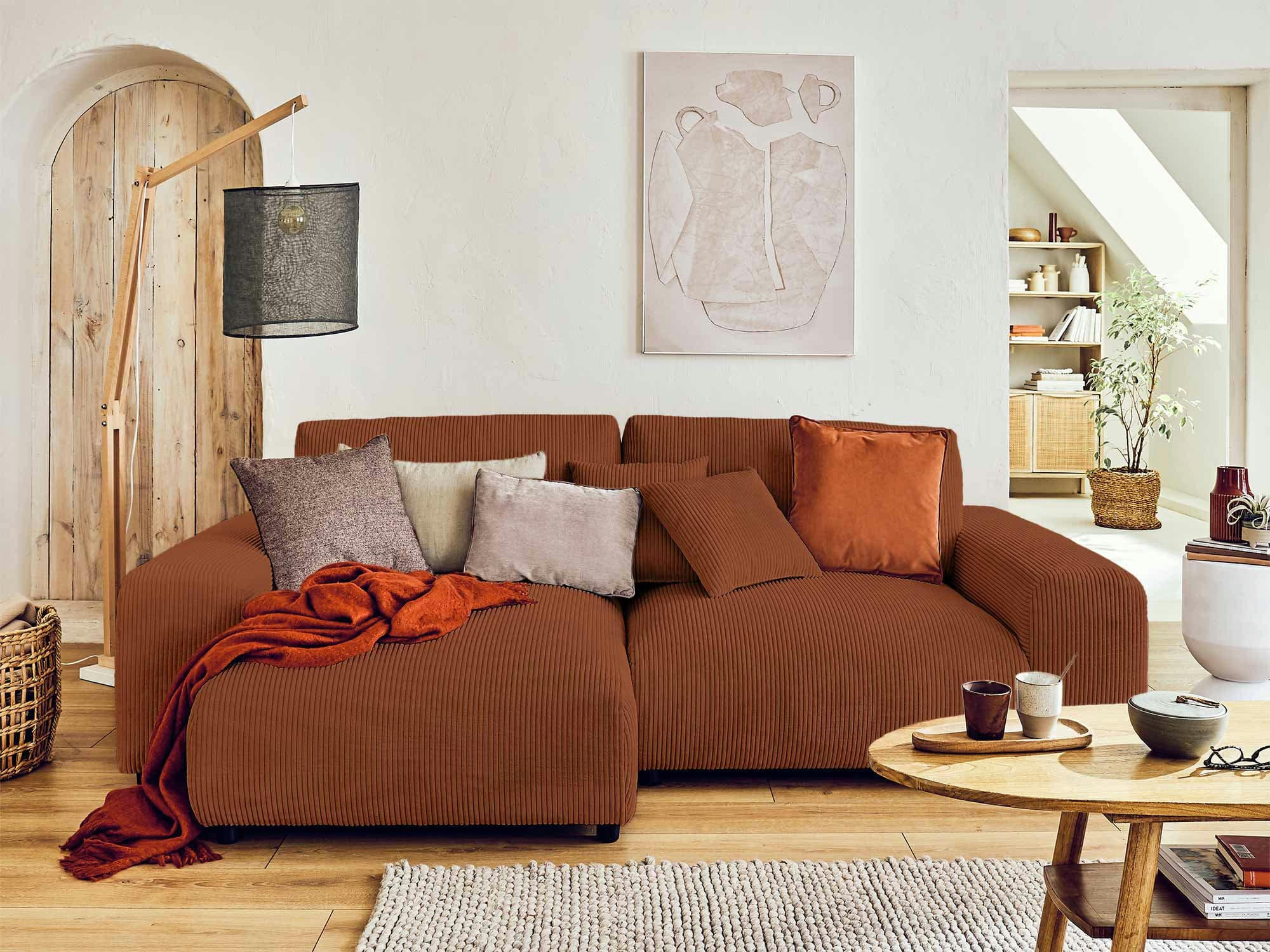 GARANCE - Canapé d'angle réversible 4 places en velours côtelé terracotta