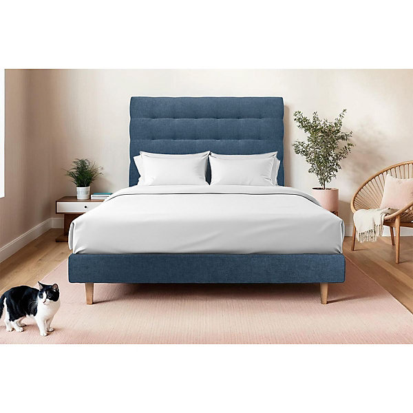 Lit avec tête de lit capitonnée tissu et sommier tapissier- Lit en bois massif