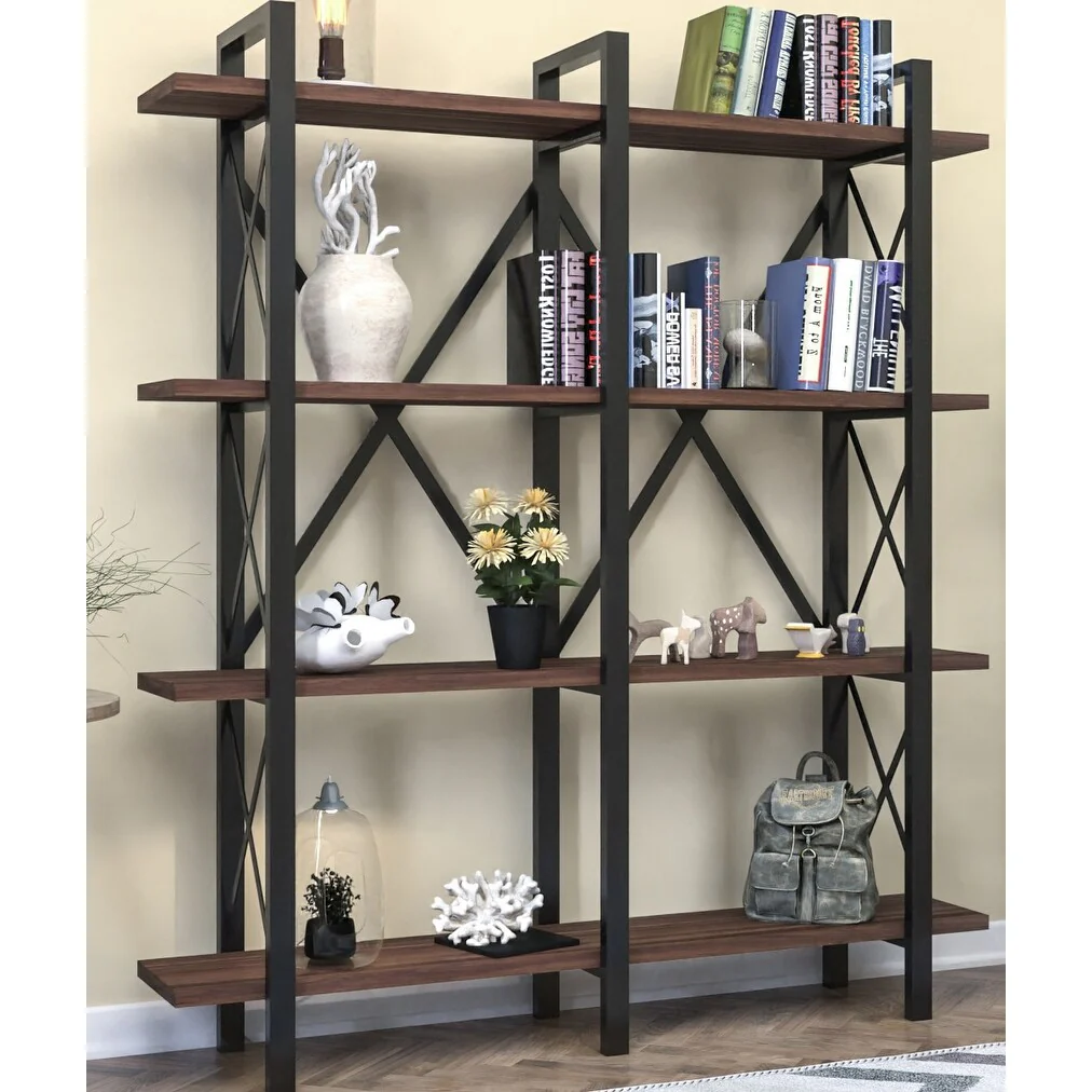 Cunda 5 Tier Bookcase, Metal Frame Wood Base Bookshelf, Walnut