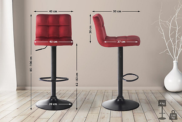 Lot de 4 tabourets Feni velours, chaises réglables, structure métallique, tabouret comptoir repose-pieds intégré Rouge