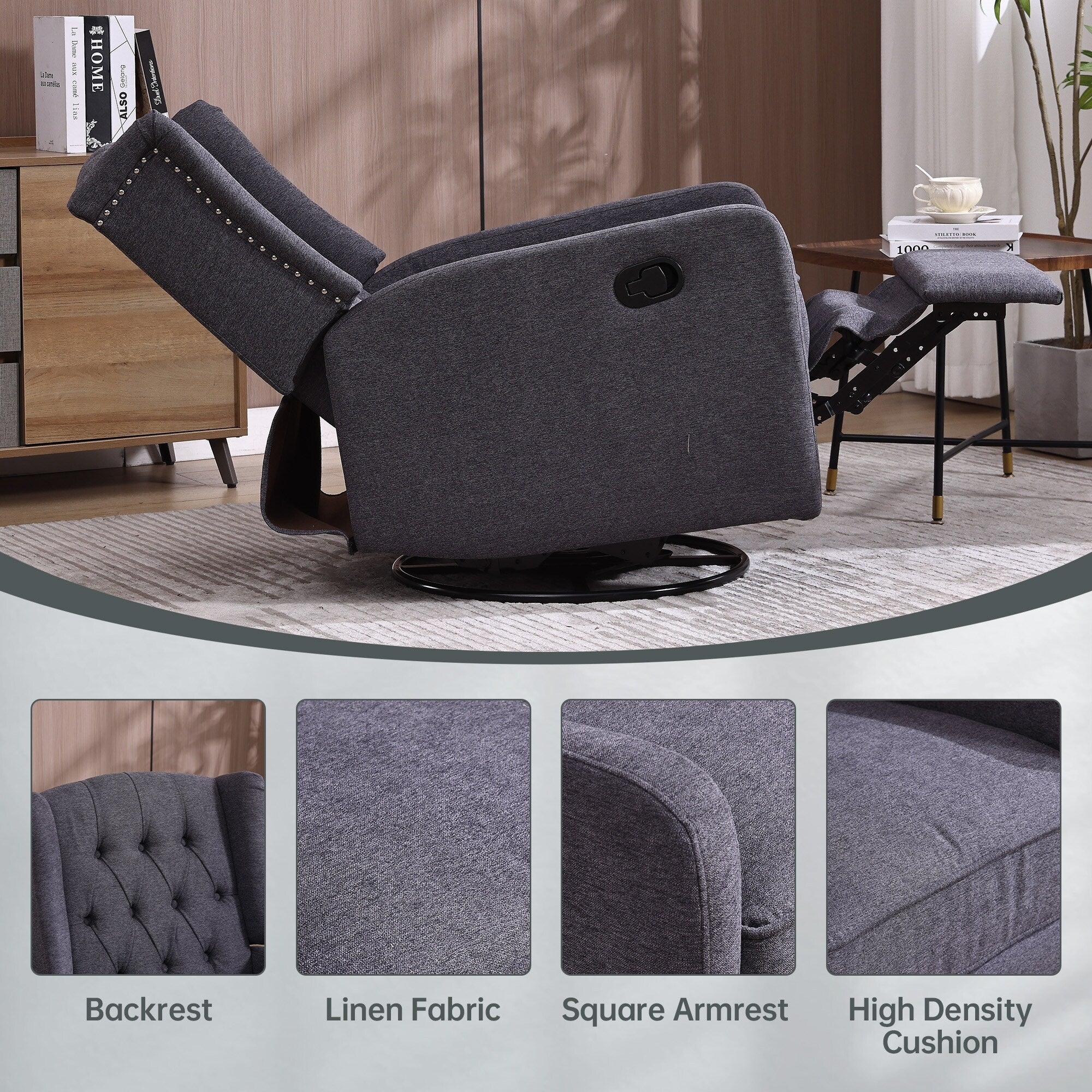 Dark Gray Linen 360° Swivel Glider Rocker Manual Recliner with Button-tufted Backrest and Footrest for Living Room, Bedroom