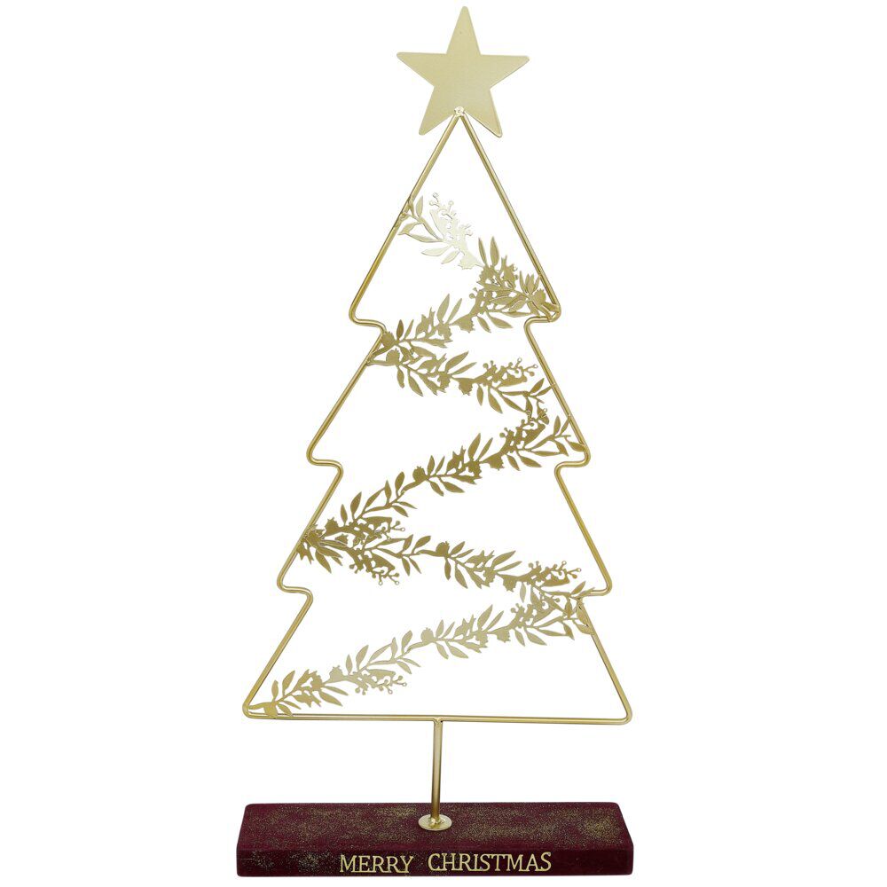 Sapin de No&euml;l sur socle Merry Christmas à poser métal doré 35x10xH75cm