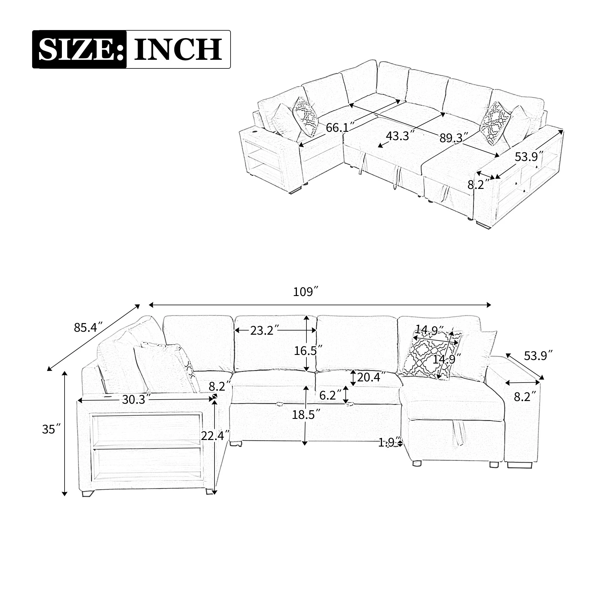109 U-Shaped 6 Seater Sectional Sofa with Pull-Out Bed, Storage Chaise Lounge, 4 Back Pillows, and USB Charging Ports
