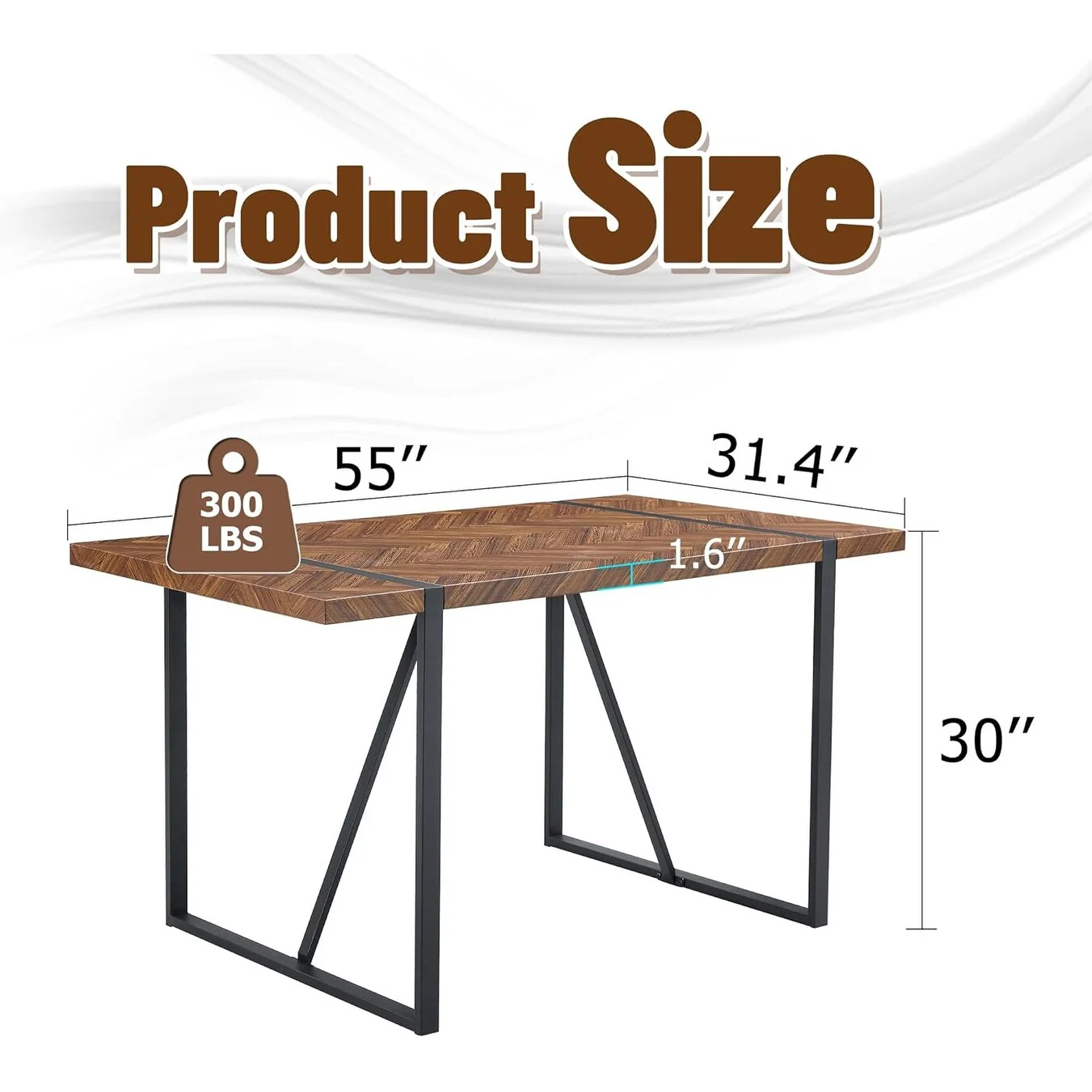 Modern Dining Table with Dark Wood Textured Top, 55 x 35.4 inch MDF Tabletop, Black Metal Legs