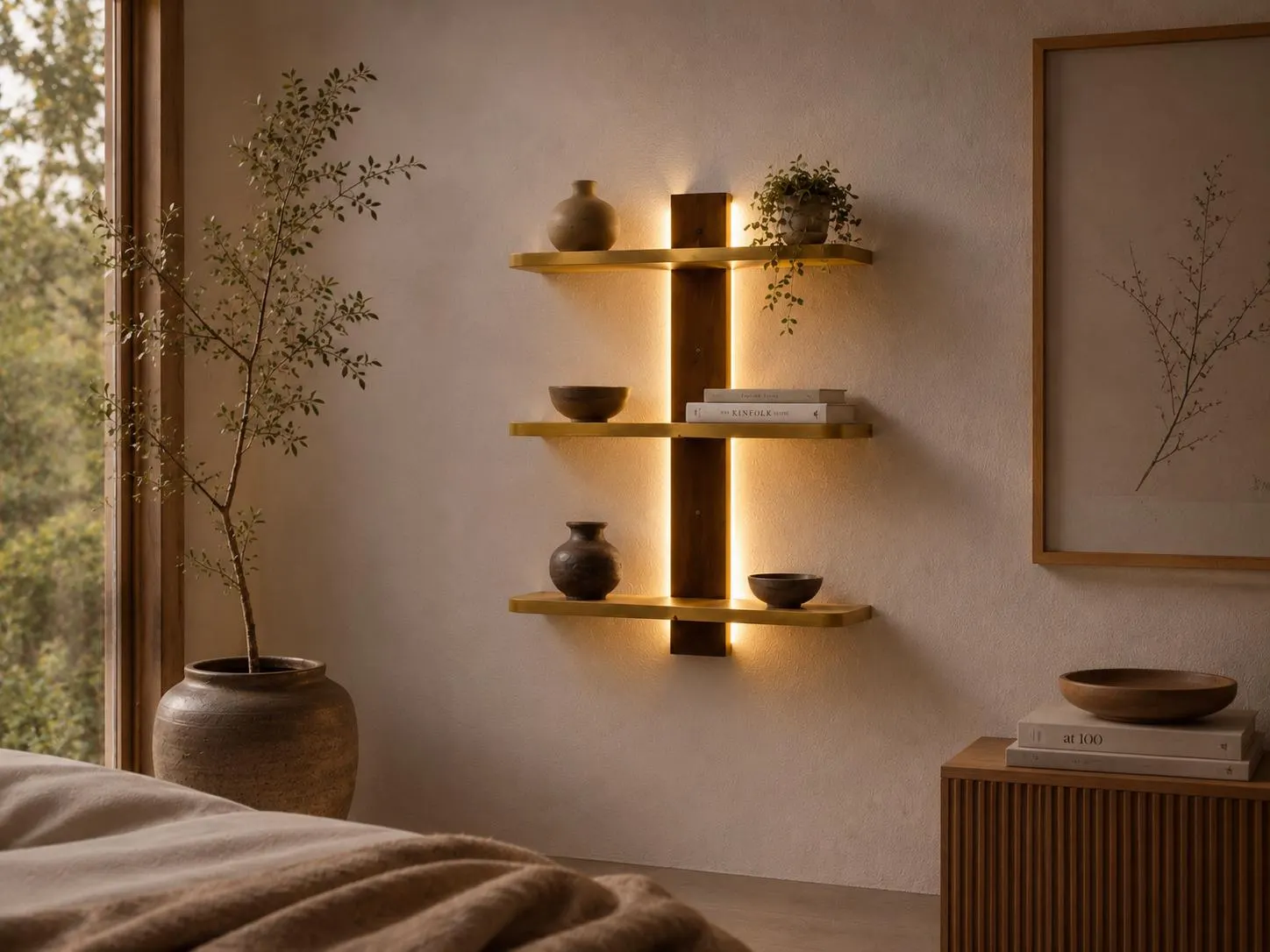 Backlit Wooden Wall Shelf, 3 Tier LED Display, Modern Minimalist Decor (Warm Light)