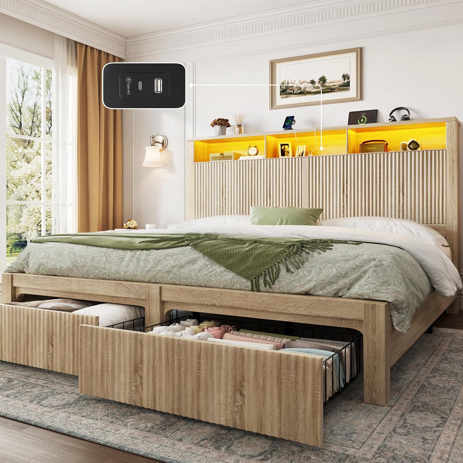 CypBed King Size Bed Frame with 2 Storage Drawers, Charging Port & LED Light, Wood King Bed Frame and 2-Tier Headboard,Farmhouse Wavy Design, Metal Platform, Noise-Free, No Box Spring Needed, Wood