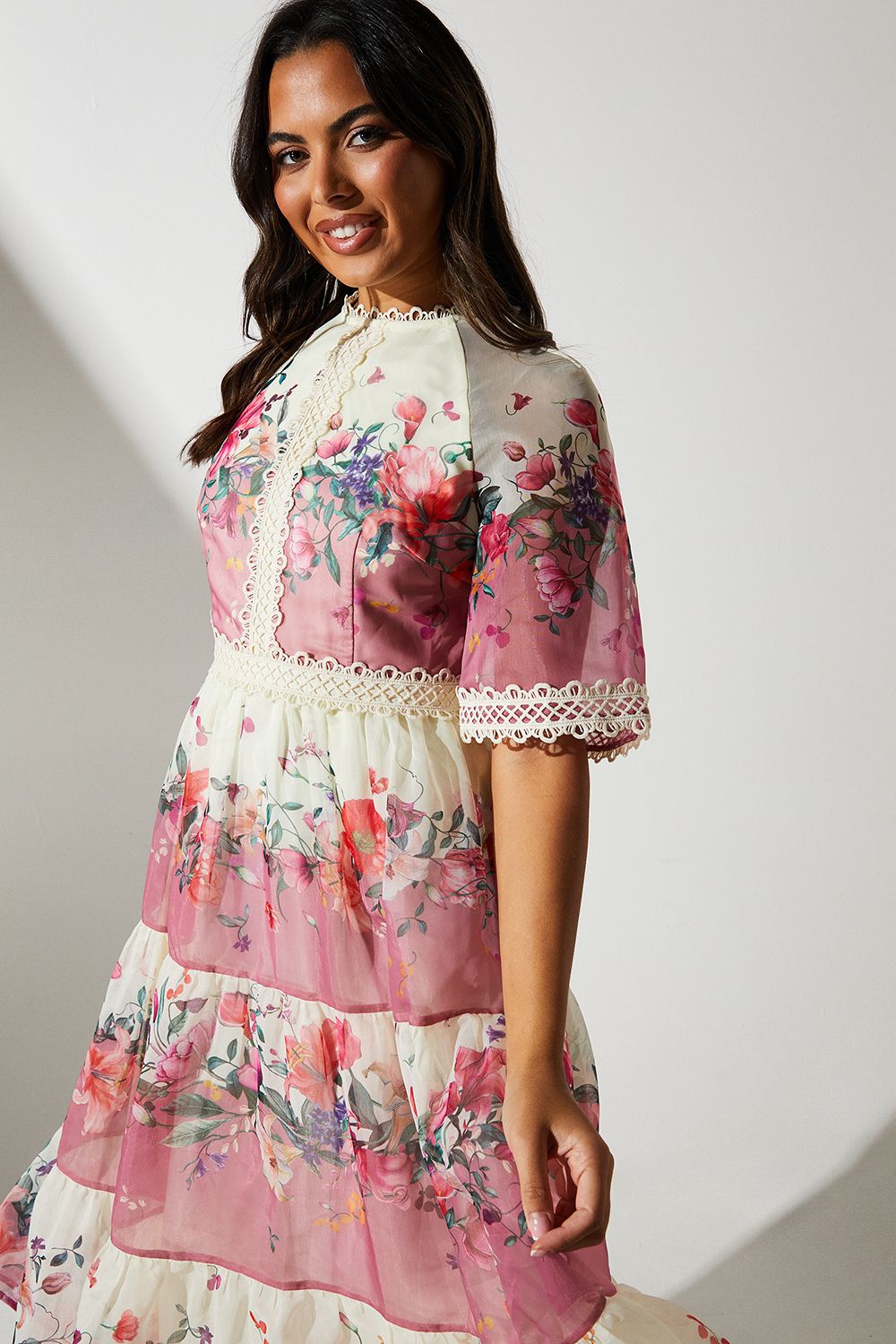 Coast Organza Floral Tiered Lace Trim Midi Dress