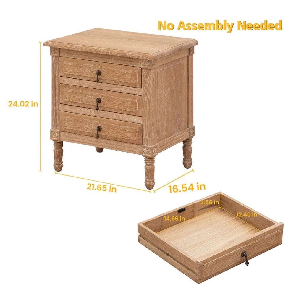 VredHom Oak Nightstand with 3 Drawers Bedside Table