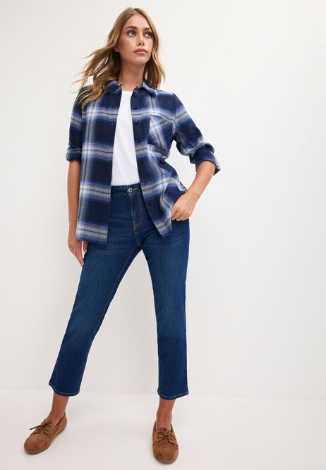 Womens Navy Long Sleeve Check Shirt