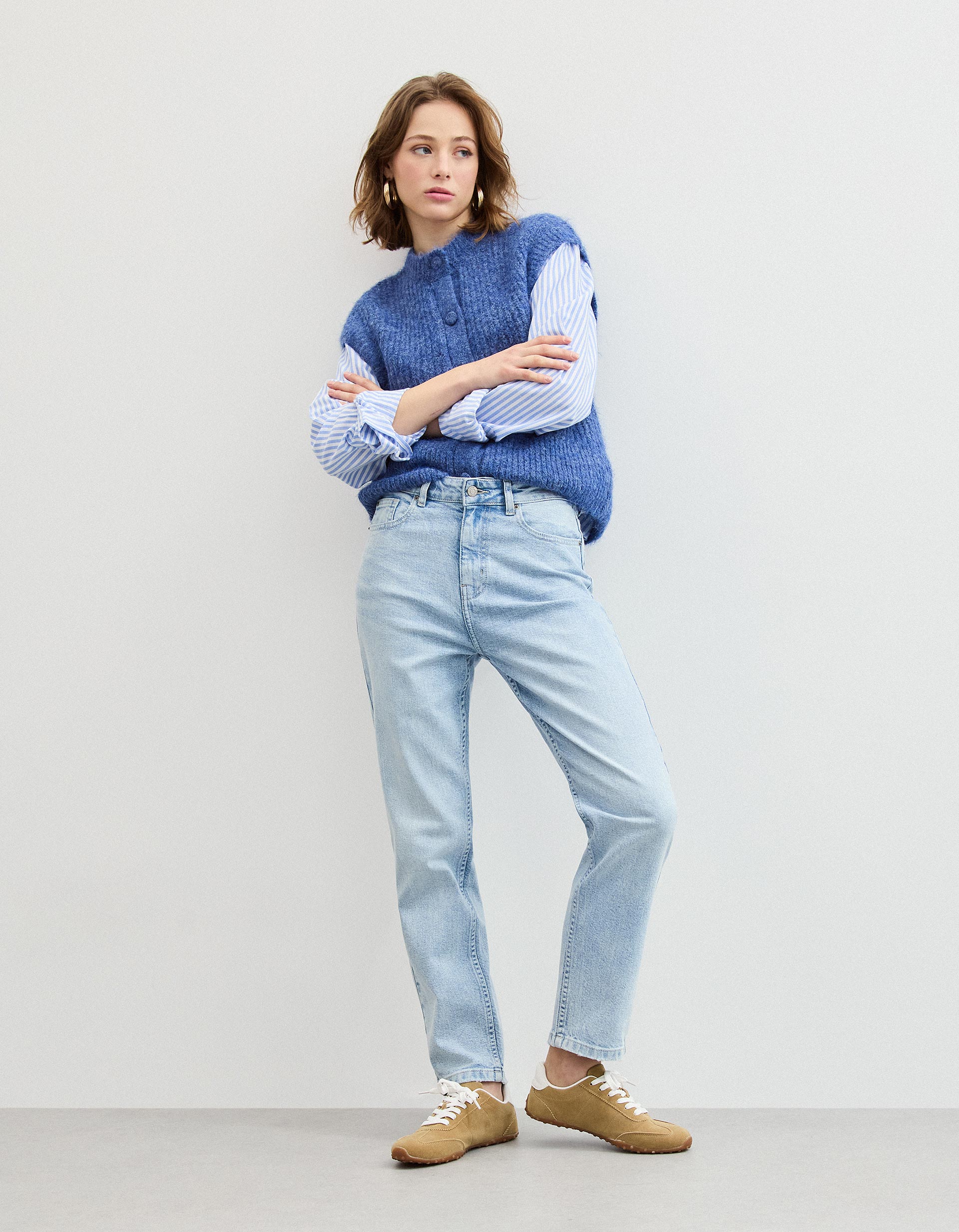 Calças de Ganga 'Tapered Mom Fit', Mulher, Azul Claro