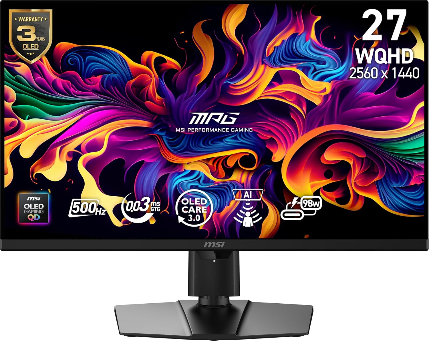 msi MPG 271QR QD-OLED X50 27-inch 2560 x 1440 (QHD) Gaming Monitor  500Hz  AMD Adaptive-Sync  HDR Ready  HDMI  VGA Port  VESA Mountable  Tilt  4-Side Slim Bezel  0.03ms  Black