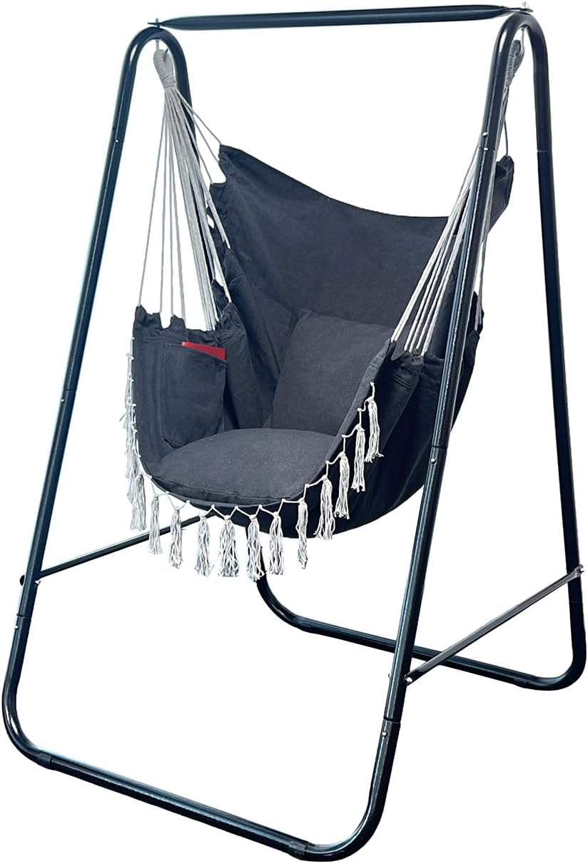Hammock Chair with Stand,Heavy-Duty Hammock Stand with Large Indoor Swing,MAX Load 500 LBS,Hanging Chair with Stand for Indoor Outdoor,Swing Chair with 2 Cushions Included(Dark Grey)