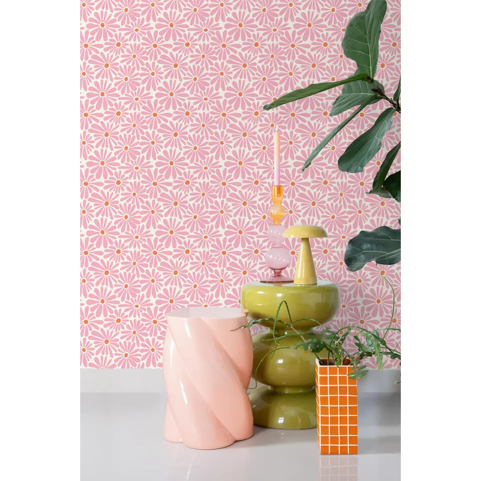ESTAhome behang madeliefjes roze en oranje - 53 cm x 10.05 m