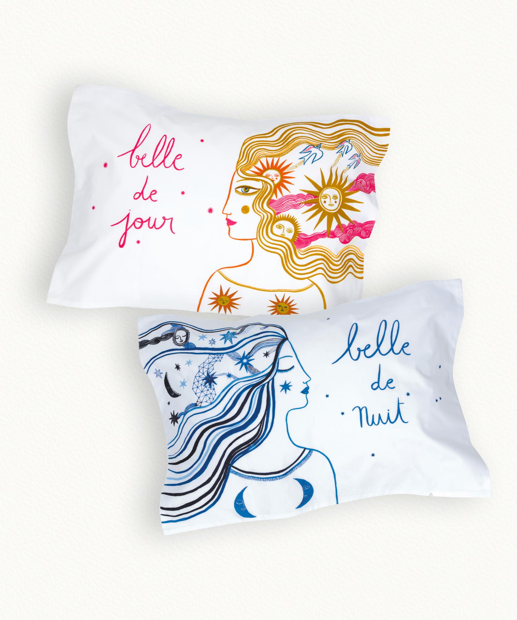 2 Taies d' oreiller Rectangle Belle De Jour Nuit - 100% coton