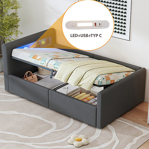Lit enfant 90x200cm, LED, USB, rangement hydraulique, velours gris foncé