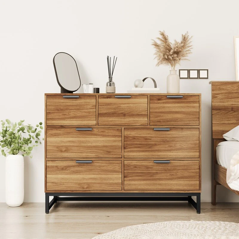 Grondin Farmhouse Style 7 Drawers Dresser for Bedroom, 47.24 Wide Wooden Rustic Chest of Drawers with MDF Frame and Metal Legs