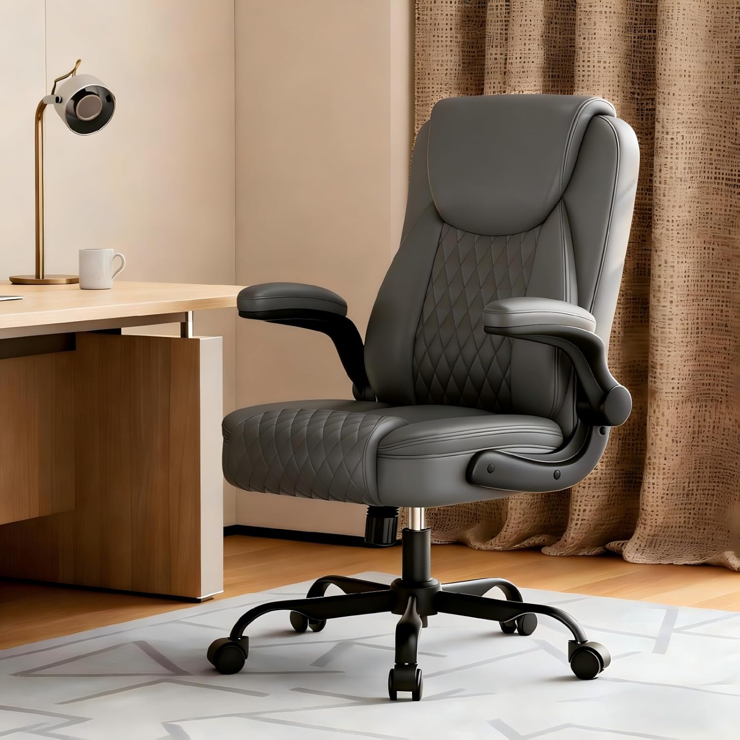 GTPLAYER Leather Office Chair, Home Desk Chair with Flip-up Arms and Ergonomic Back - Comfy Heavy Duty Executive Chair for Home Office Gaming, Gray