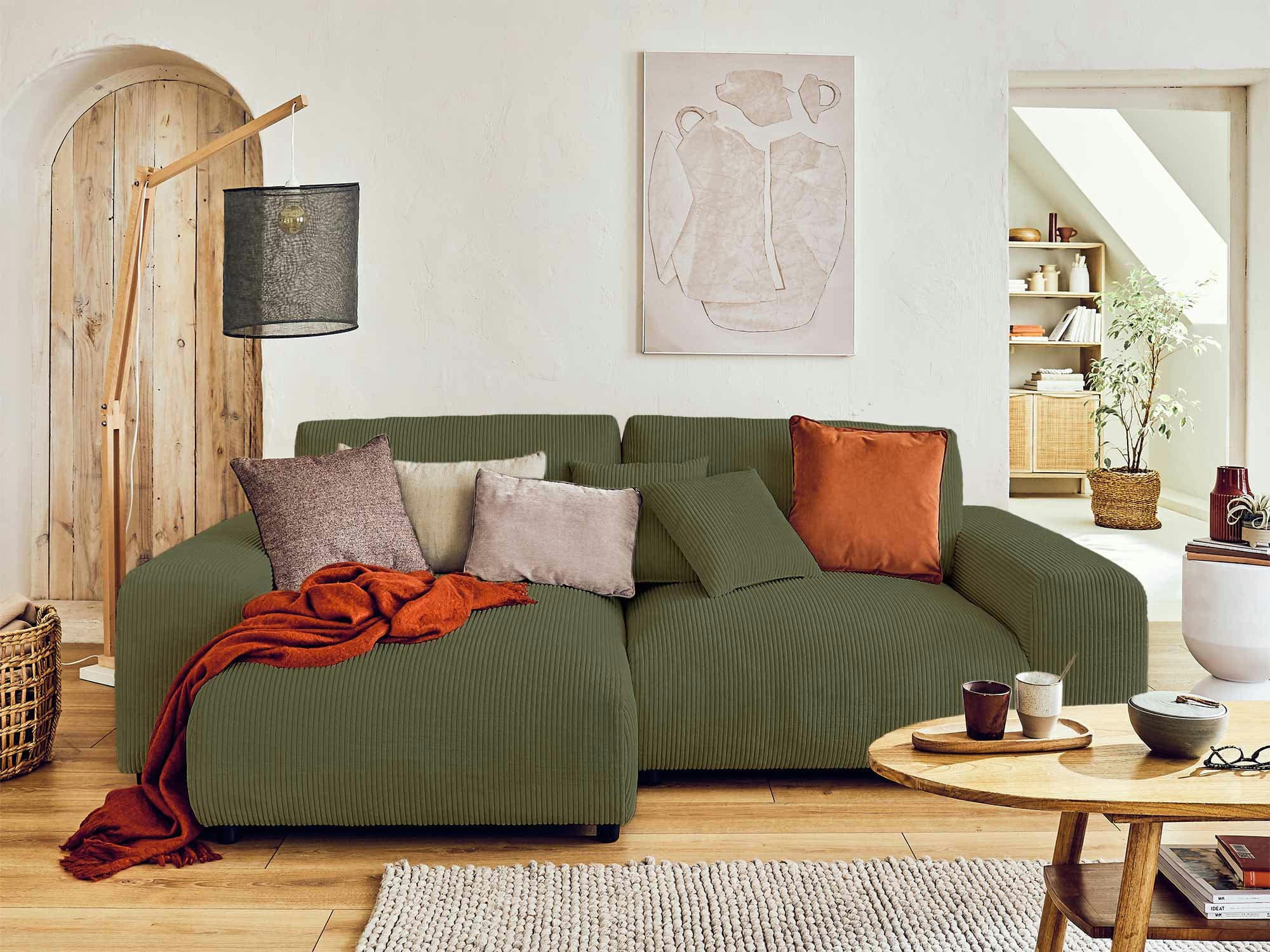 GARANCE - Canapé d'angle réversible 4 places en velours côtelé vert