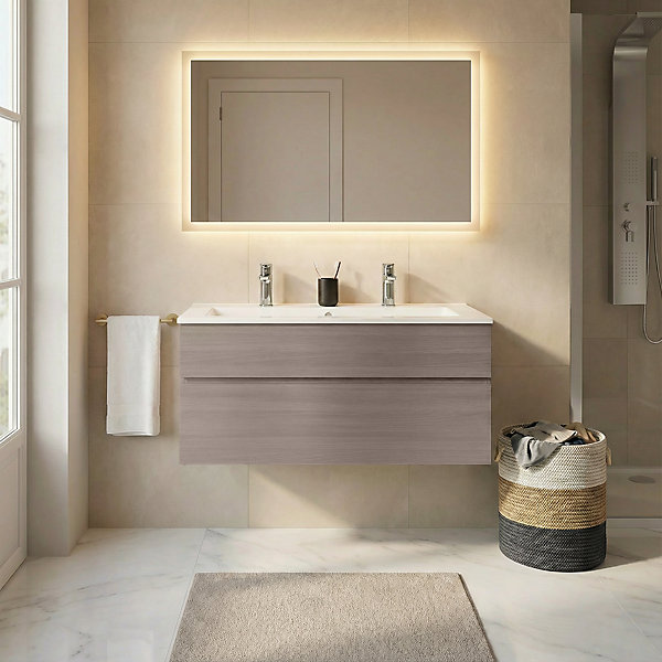Meuble vasque suspendu effet chêne clair l.120 cm   plan vasque blanc en céramique, Calao