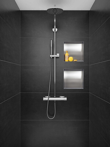 Balneo Niche murale de douche sans rebords 30x30x7cm, étagère encastrable douche acier inox, finition brossée, WALL-BOX No Rim