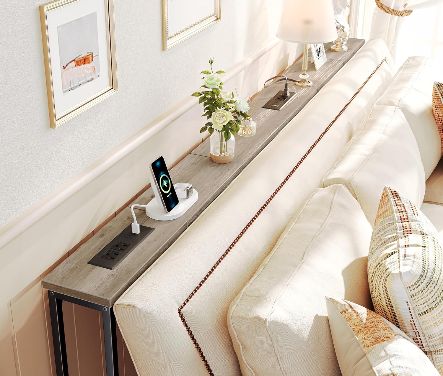 SUPERJARE 78.8 Inch Narrow Console Table with Outlet, Sofa Tables, Behind Couch Table, Long Entryway Tables with Charging Station, for Living Room, Oak