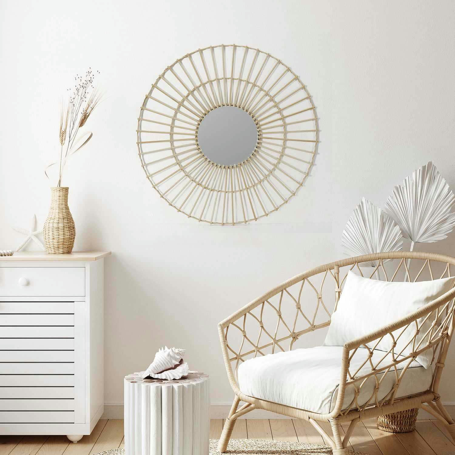 - Miroir rond en rotin 75 cm sun