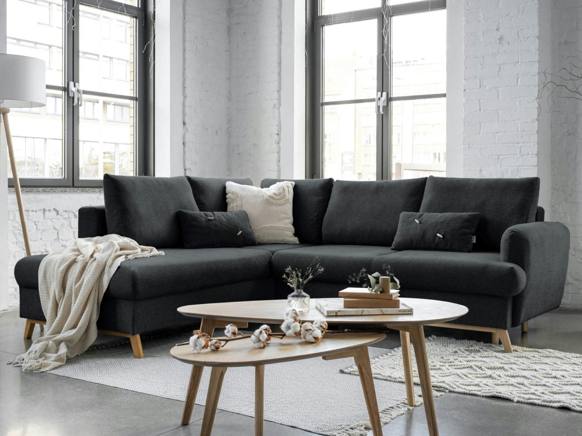 LAGOM - Canapé d'angle gauche convertible 5 places en tissu gris foncé