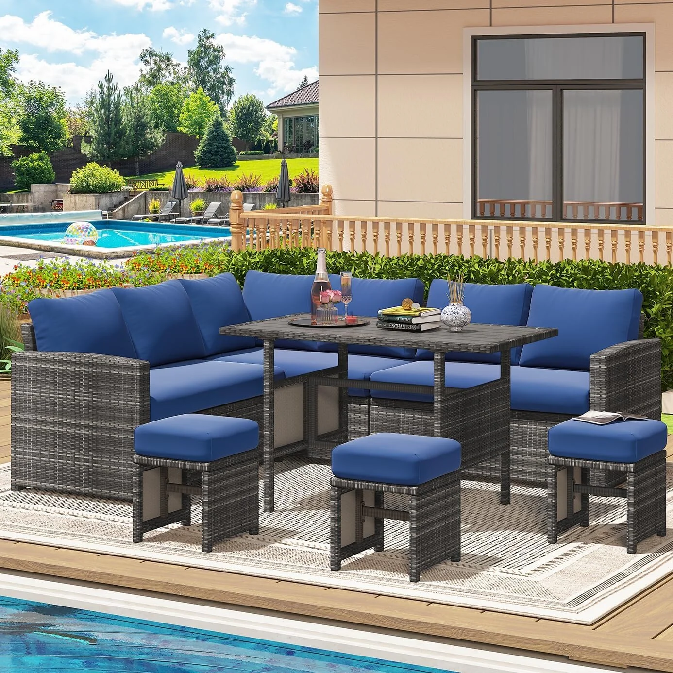 AECOJOY 7-Piece Outdoor Patio Wicker Sectional Sofa with Dining Table