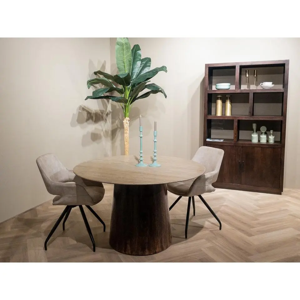 Livingfurn - Eetkamertafel Valentino Round 130cm - Mangohout / Travertin