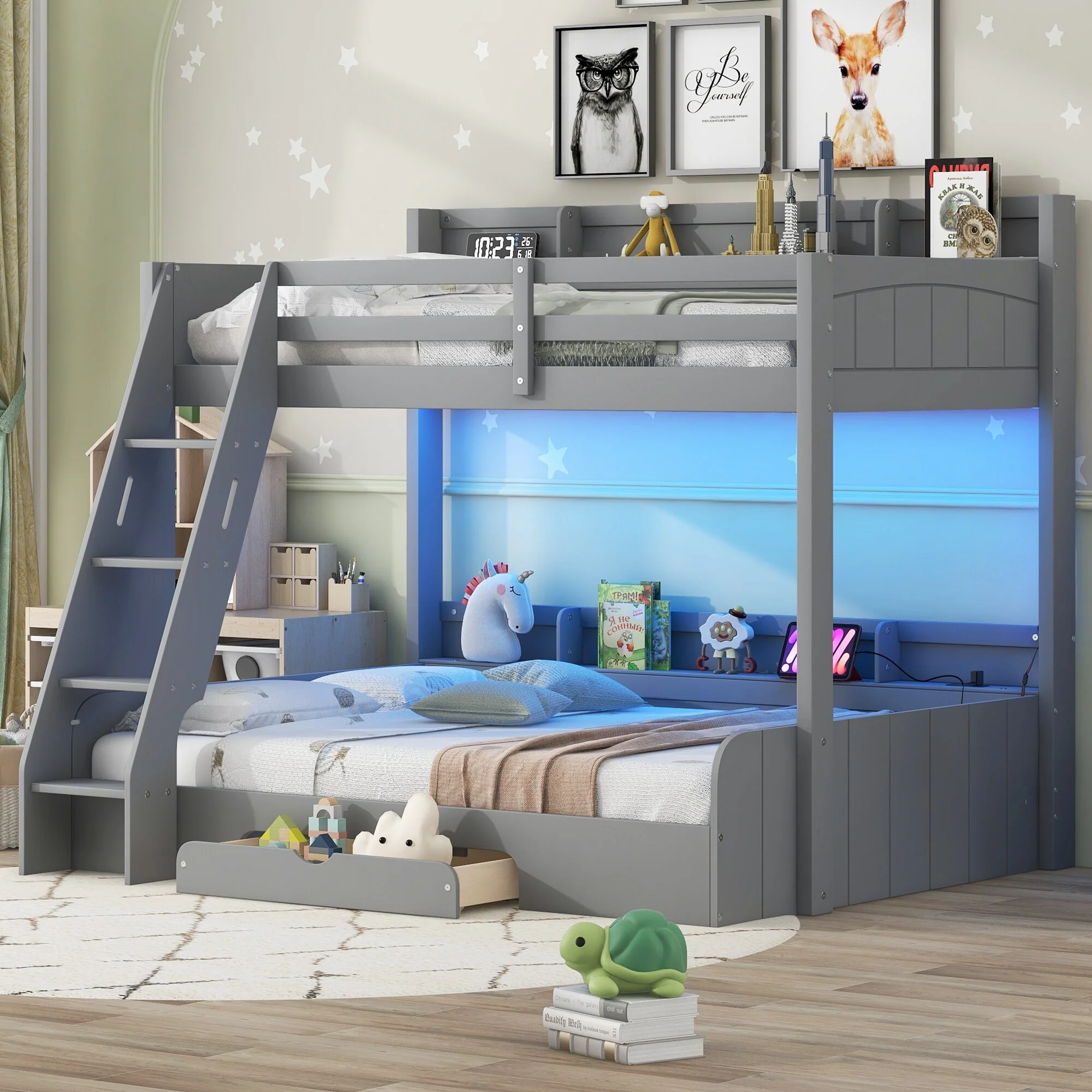 Twin over Full Bunk Bed with Storage Shelves, LED, Charging Station and a Drawer