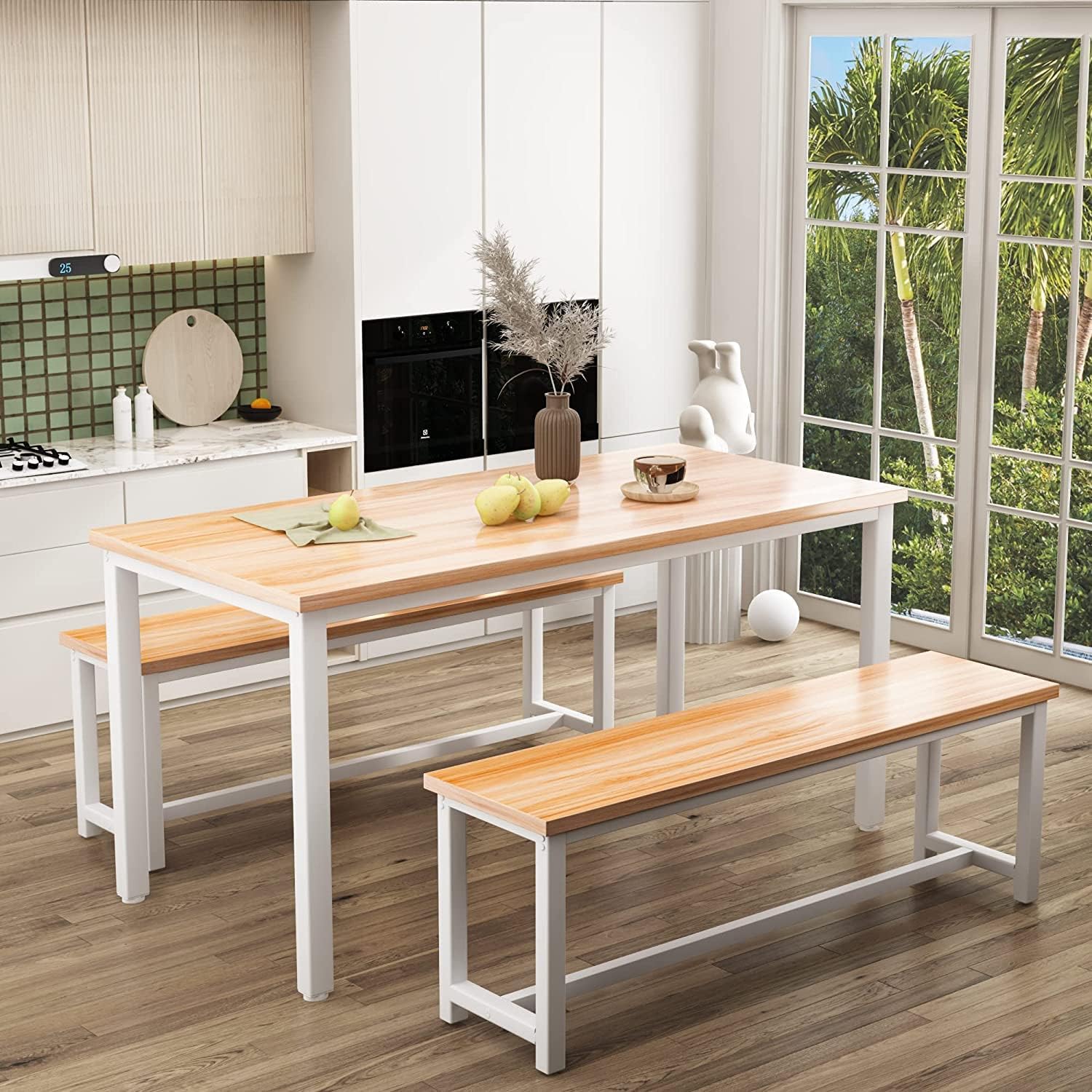 Dining Room Table Set with 2 Benches, Farmhouse Dining Table Set for 4-6, Wood Breakfast Table Set Dinner Table Set Kitchen Table and Chairs for Breakfast Nook Small Spaces, Beige