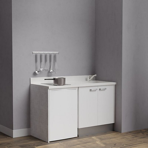 Kitchenette K17 - 140 cm - façades Blanc - Plan monobloc en quartz coloris Snova évier à droite