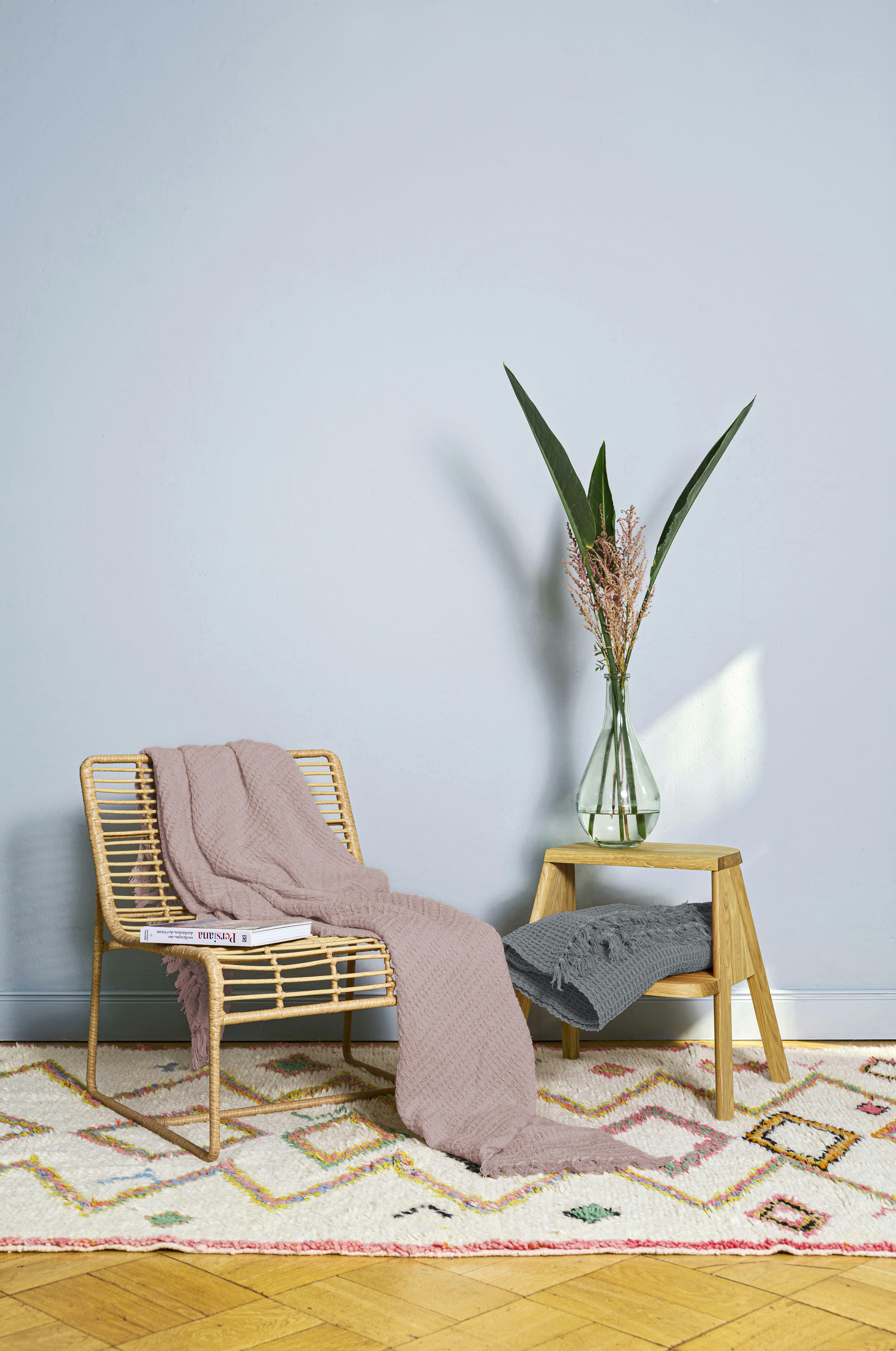 WAFFLE - Plaid en 100% coton lavé  à franges nouées gris 170 x 130