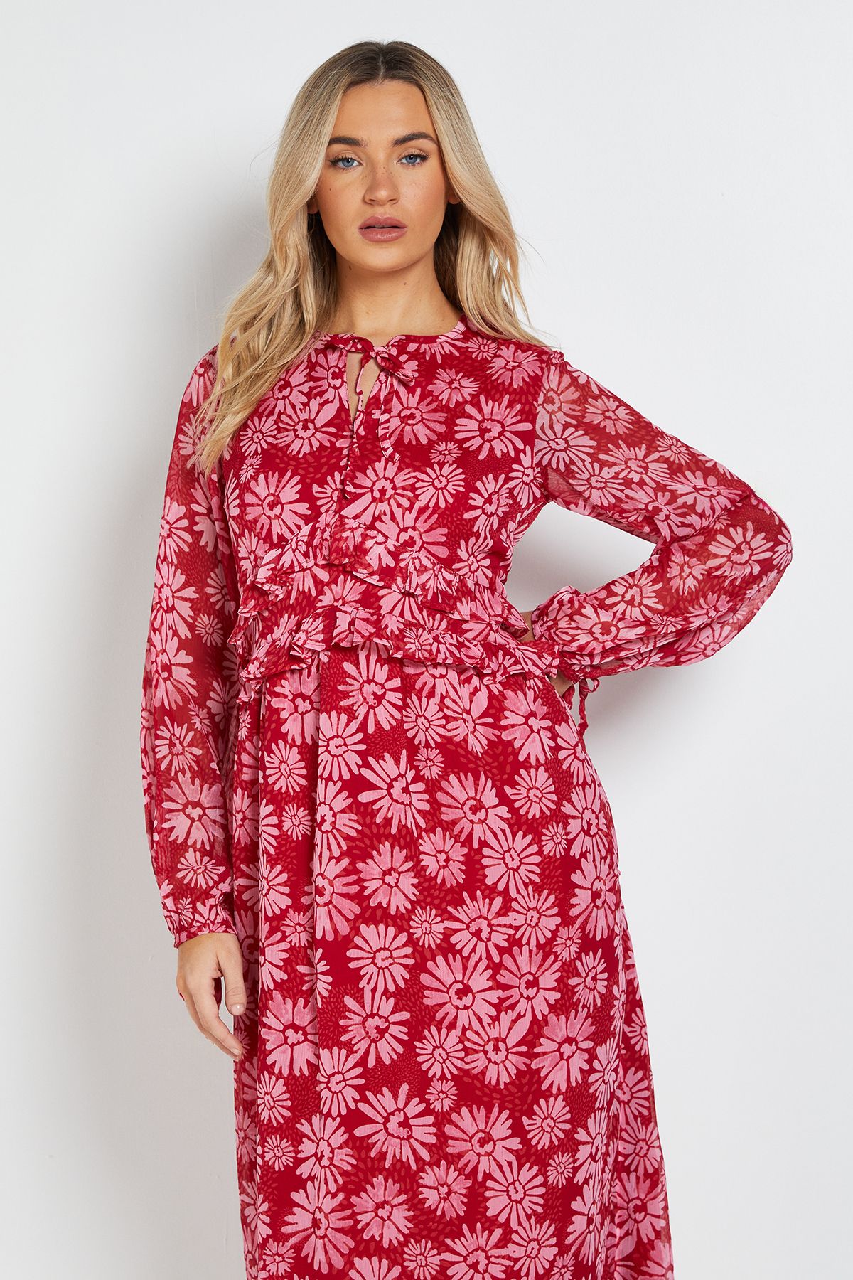 Dorothy Perkins Pink Daisy Tie Neck Frill Detail Trapeze Printed Midi Dress