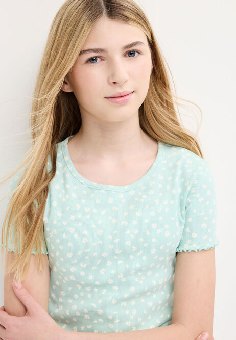 Older Girls Mint Floral Frill Trim Top