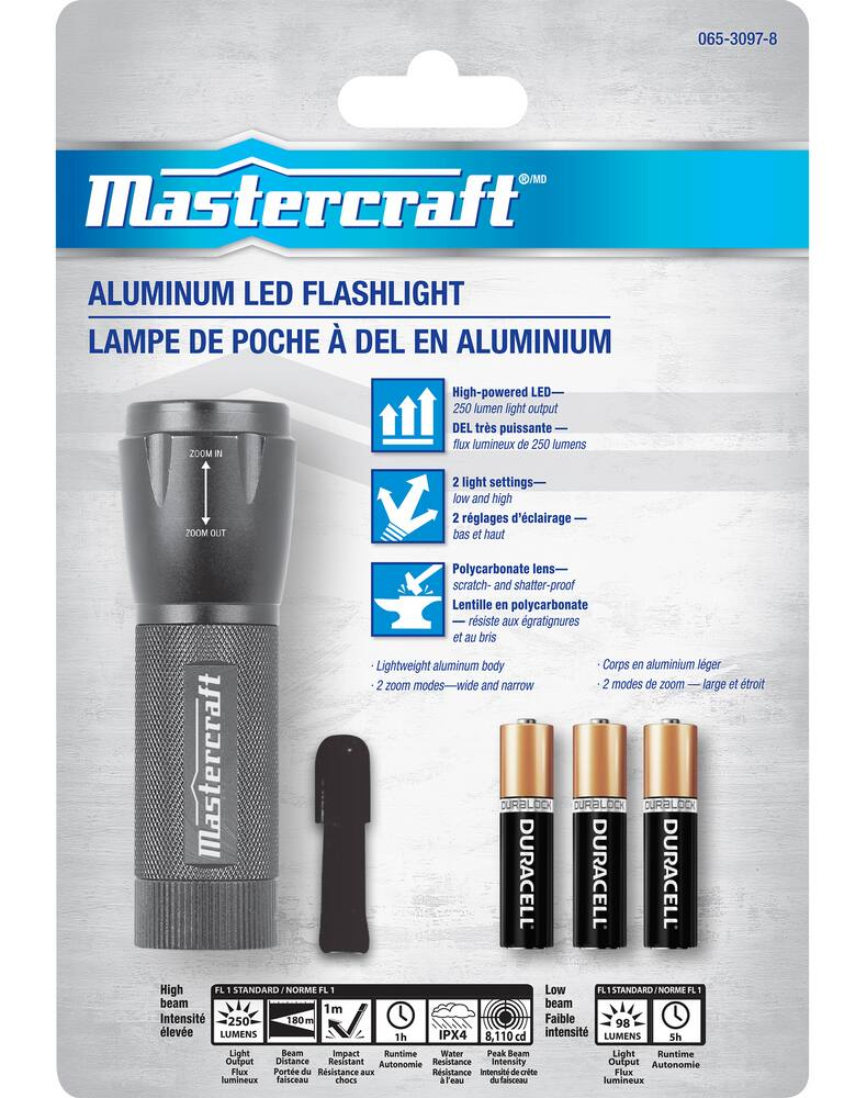 Mastercraft 250 Lumens Waterproof Aluminum LED Handheld Flashlight, Batteries Included, Black