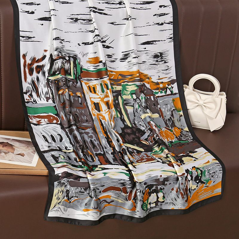 PEACH ACCESSORIES Grey Abstract Cityscape Design Satin Scarf