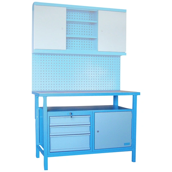 Werkbank, 3 Schubladen und 1 Tür, blau, Stahl/Holz