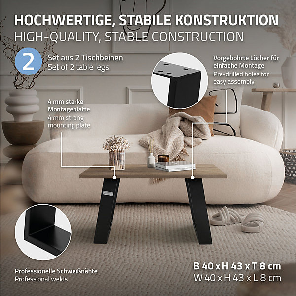 Lot de 2 pieds de table ML-Design inclinaison à 80 degrés 40x43 cm noir acier revêtement en poudre