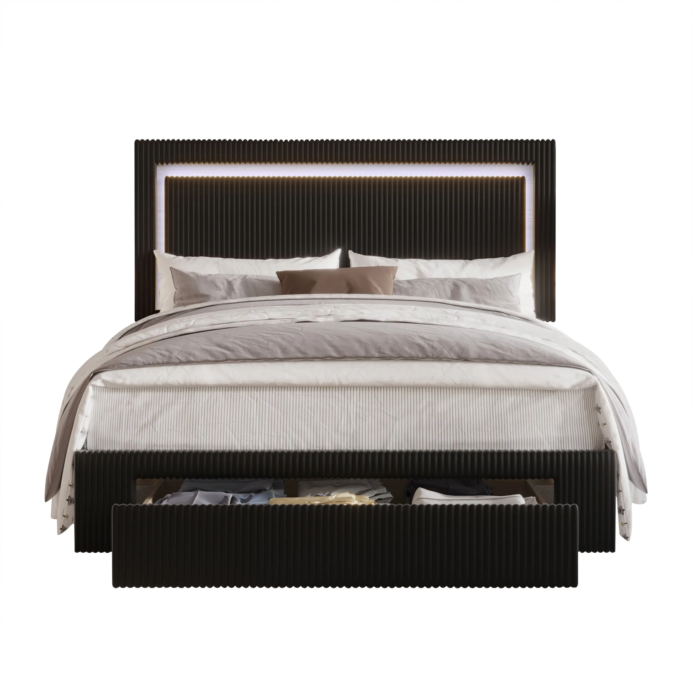 CraftPorch Corduroy Velvet Tufted LED Light Platform Storage Bed